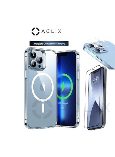 ACLIX 4in1 Shockproof Magsafe-Compatible Charging Case With 3D Tempered Glass Screen Protector &amp; Camera Lens For iPhone 13 Pro Clear
