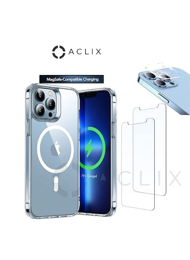 ACLIX 4in1 Shockproof Magsafe-Compatible Charging Case With 3D Tempered Glass Screen Protector &amp; Camera Lens For iPhone 13 ProMax Clear