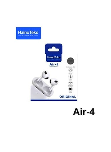 Haino Teko Germany Air4 Wireless Bluetooth Earphone With High Bass Sound Quality and Multifunctional Touch Control Compatible With Android Phones White