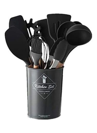 XiuWoo 11-Piece Silicone Wooden Handle Kitchen Utensil Set With Holder Black/Brown One Size