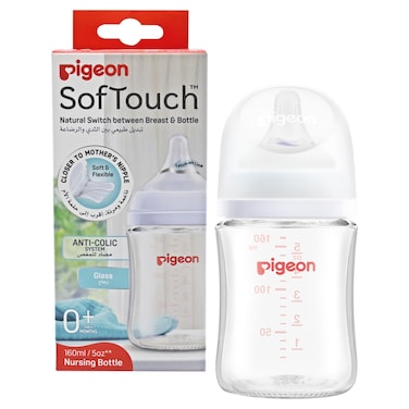 Pigeon SofTouch Wide Neck Glass Nursing Bottle with Anti-Colic System, 160ml