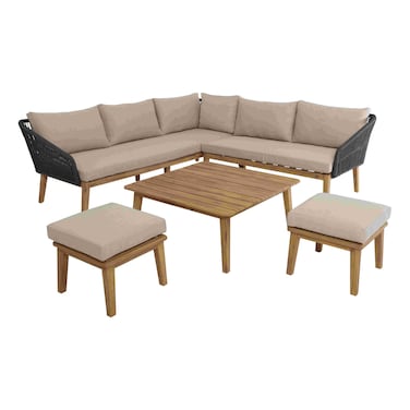 Acacia and Rope Corner Sofa Coffee Table Set with Cushion 5 PCS