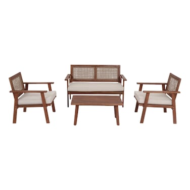 Acacia and Wicker Garden Coffee Chair and Table Set 4 PCS