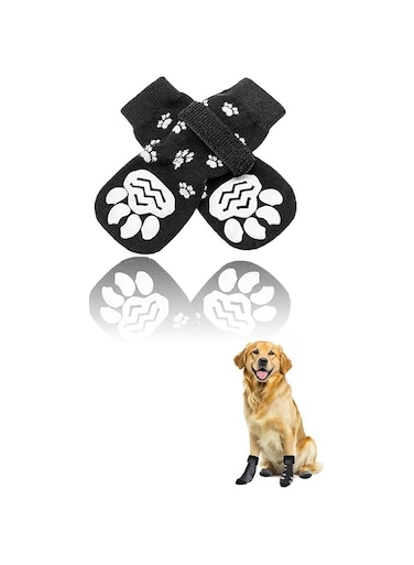Sweet seven Non-Slip Dog Socks - Adjustable Straps, Paw Protectors for Indoor Hardwood Floors, Traction Control, Black, Size M (Pack of 4)