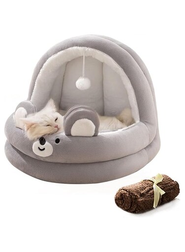 TOMVAES Soft Warm Cat Cave Cat Bed, Pet Cave Bed with Anti-Slip &amp; Waterproof Bottom, Cat House with Removable Washable Cushion &amp; Hanging Toy, Ideal for Cats and Puppy, 44 * 42 * 39cm, Grey