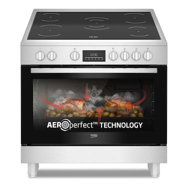 Beko 90x60cm Freestanding Ceramic Electric Cooker, 5 Cooking Zones(1 Expandable),8 Cooking Multifunction Oven,A+ Energy Rating, BGM30203EX(Inox)
