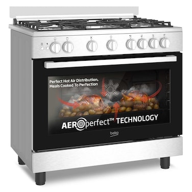 Beko 90x60cm Free Standing Gas Cooker, Full Safety,5 High Efficiency Gas Burner(1 Wok),Cast Iron Pan Support, Conventional Fan Oven,BGGR 11127 GX(Inox)