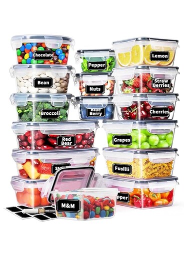 Yoawllty 16Pcs Airtight Meal Prep Container Set with Locking Lids &amp; Labels, Re-usable Plastic Food Storage Containers for Pantry &amp; Kitchen Organization,Stackable Kitchen Organizer Boxes
