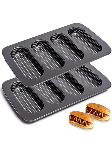 Yomvzake Hot Dot Bun Pan Set of 2, Perforated Carbon Steel Non-Stick Hotdog Bun Mold Bread Forms Crispy Mini Baguette Sandwich Baking Tray for Hot Dog Bun Rolls
