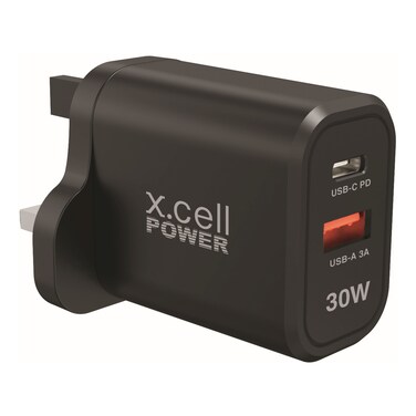 إكس.سيل باور شاحن حائط بمنفذين بي دي  USB نوع C  وUSB نوع A بقوة 30 وات - أسود