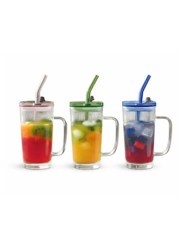 Glass Tumbler 3PC Set with Lids &amp; Straw 250ml