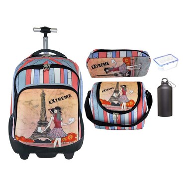 Oxford 2 Wheel Teen Trolley Backpack Pencil Case Lunch Bag Lunch Box Water Bottle Set 5 PCS