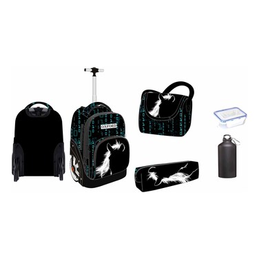 Oxford Feather Printed 2 Wheel Trolley School Set 5 PCS