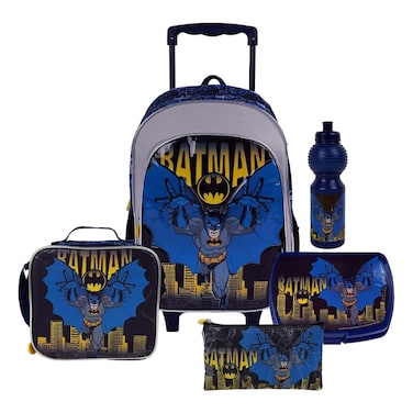 وارنر براذرز 5 في 1 طقم حقيبة مدرسية بعجلات بطبعة باتمان سوبرهيرو مقاس 16 بوصة