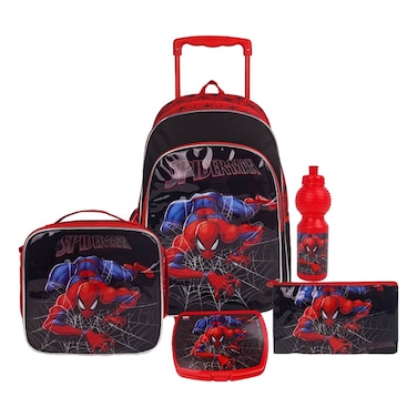 مارفل سبايدرمان 5 في 1 طقم حقيبة مدرسية بعجلات بطبعة بلاك ويب مقاس 18 بوصة