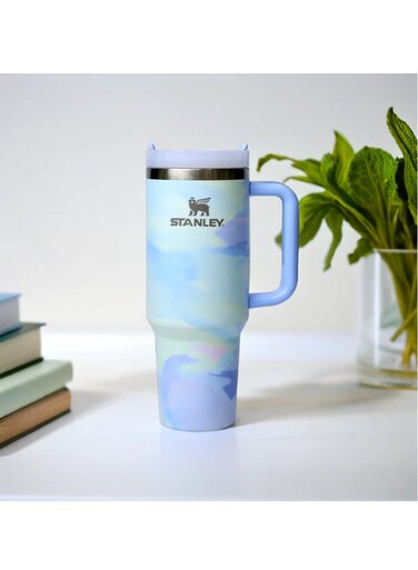 Quencher H2.0 40oz Tumbler in Cool Serene &acirc;&euro;&ldquo; Leak-Resistant Lid, Double Wall Insulated Steel, Ergonomic Handle, Straw Included, Hot &amp; Cold Drink Flask, Dishwasher Safe