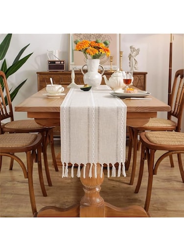 Rustic Farmhouse Style Linen Table Runner, Boho Handmade Fringe Braided Stripe Table Runners Kitchen Table Decoration for Holiday Party Wedding Dining Birthday (Ivory White, 13x108 inch/33x275 cm)