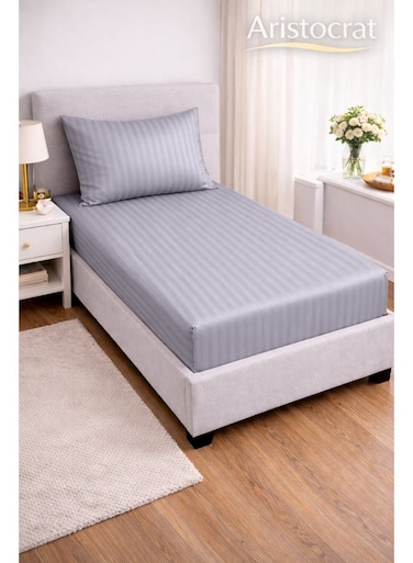 2-Piece Striped Microfiber Fitted Sheet Set Single 90x200cm &acirc;&euro;&ldquo; Soft Elastic Deep Pocket 17cm Bedsheet with 1 Pillowcase 50x70cm, Silver Microfiber Silver Single