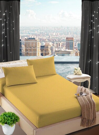 Golden Striped Bed Sheet Sets Cotton 3 Piece Set Deep Pocket 180x200+25cm