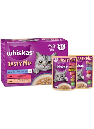 Whiskas Tasty Mix, Mix of the Tuna Collection in Jelly, Pack of 12x70g, Wet Cat Food, Developed with Vets