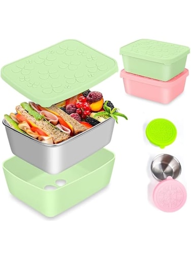 Azonee 2 Pcs Stainless Steel Bento Lunch Box, 18oz Snack Containers with 2 Dip Container, Reusable Leakproof Lunch box for Kids/Adults, Stainless Steel Food Container for Work, School and Daycare