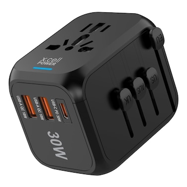 إكس سيل باور شاحن السفر الدولي بـ  3 منافذ USB -  أسود، 30 واط