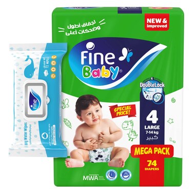 Fine Double Lock Baby Diapers, Size 4 (7-14 kg) + Aqua Wipes (72 Sheets)