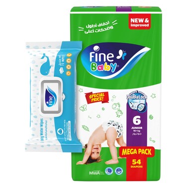 Fine Double Lock Baby Diapers, Size 6 (16 kg) + Aqua Wipes (72 Sheets)