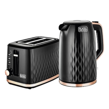 Black &amp; Decker Electric Kettle and 2 Slice Toaster Breakfast Set MBF90-B5, 2200 W, 1.7 L, Black and Rose Gold, Cordless