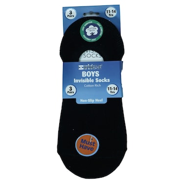 Outdoor Boys Cotton Rich Invisible Socks with Non-Slip Heel, 3-14 Years, 3 Pairs