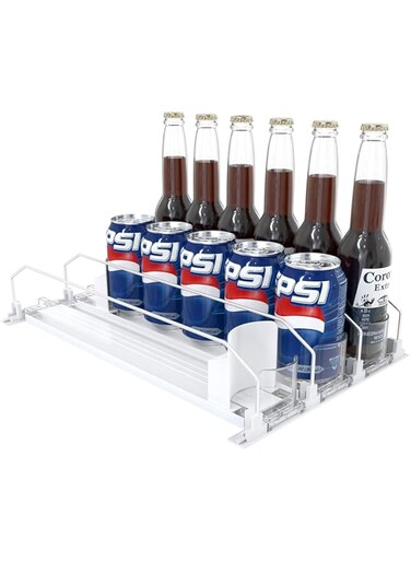 Strayelf Soda Can Organizer for Refrigerator, Drink Organizer for Fridge,Spring Loaded Self-Pushing Automatic Glide Adjustable Drink Beverage Rack Bottle Dispenser Storage (White, 3 Rows)