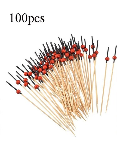 Cocktail toothpicks,100 4.7-inch (about 12.0 cm) bamboo red pearl long fruit sticks decorated cocktail skewers, selected beverages, appetizers, fruits, black
