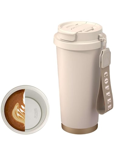 18 oz Insulated Coffee Mug with Lid and Straw &amp; Drinking Spout, Travel Coffee Mug Spill Proof Durable Stainless Steel Coffee Mug, Reusable Iced&amp;Hot Coffee Cup,Portable Travel Mug (Creamy White)