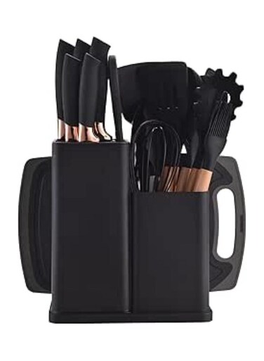 LLC Premium Black Silicone Cooking Utensils, Non-stick Kitchen Utensil Set, Wooden Handle Non Toxic BPA FreeKitchen Utensil Set 19 Piece Cooking Tools Kit Includes Knives, Spatulas, Spoons, Ladles for Professional Chefs or Home Cooks