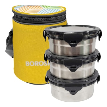 بوروسيل علبة طعام دائرية من الفولاذ المقاوم للصدأ  مع حقيبة غداء، 3 قطع - أصفر