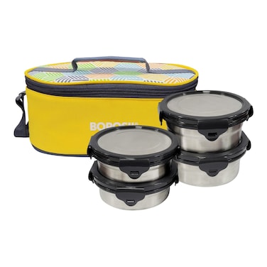 بوروسيل علبة طعام من الفولاذ المقاوم للصدأ  مع حقيبة غداء - أصفر، 4 قطع
