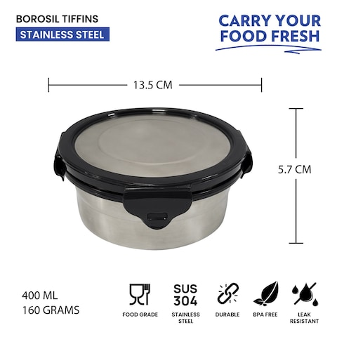 Borosil Stainless Steel Round Shaped Food Container with Lunch Bag Blue 3 PCS