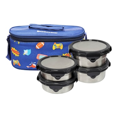 Borosil Stainless Steel Food Container with Lunch Bag Horizontal Blue 4 PCS