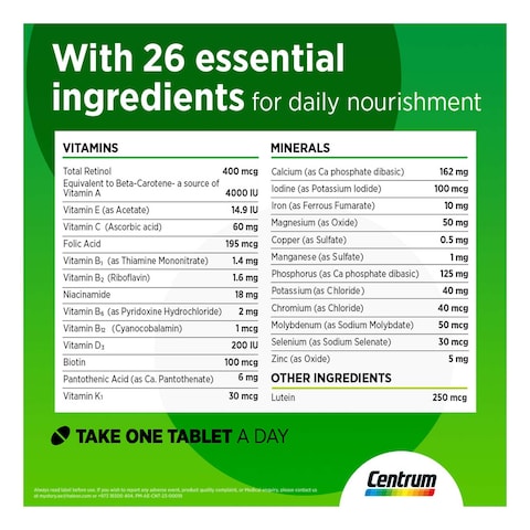 Centrum with Lutein Multivitamin Dietary Supplement 100 Tablets