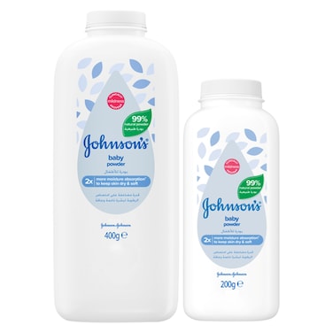 جونسون بودرة أطفال بخلاصة نشا الذرة مع الصبار وفيتامين E 400 غرام + 200 غرام