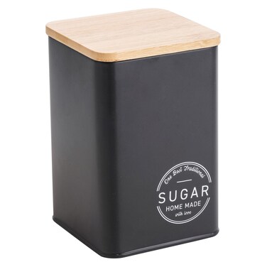 هوم تريند علبة سكر حديدية بغطاء الخيزران - أسود 1 لتر