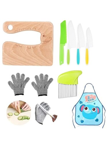 Wooden Kids Kitchen Knife Set, 8 Pieces Include Wood Safe Knife, Potato Slicers, Knife Resistant Gloves, Apron, Serrated Edges Toddler Knife, for Real Cutting Fruit, Vegetable, Lettuce Tool(Crocodile)