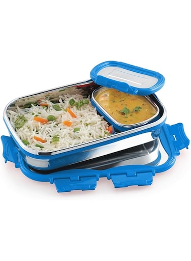CELLO Click It Stainless Steel Lunch Pack, Blue, 925ml   Stainless Steel Lunch Box with Veg Box   Lunch Box with Snap Lock   Perfect for School, College &amp; Office