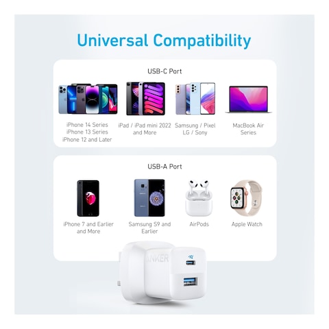 Anker USB-A and USB-C Adapter White 33W