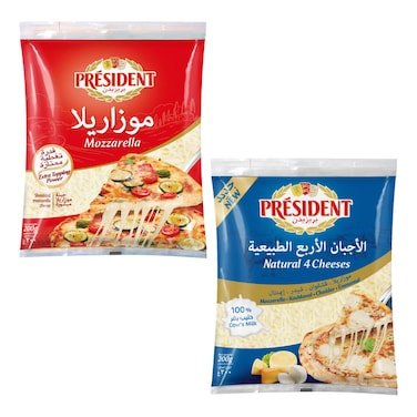 President Shredded Mozzarella Chees, 200g + Natural 4 Cheeses, 200g