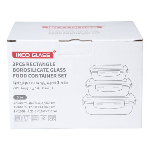 Ikoo Glass Rectangle Borosilicate Glass Food Container Set 3 PCS