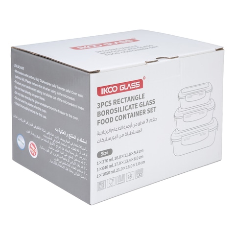 Ikoo Glass Rectangle Borosilicate Glass Food Container Set 3 PCS