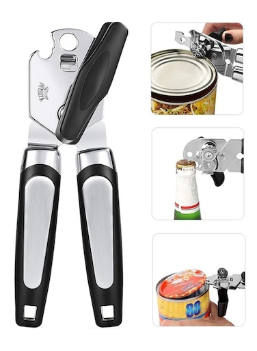 Opener, Lychico 3-in-1 Can Opener Handheld Heavy Duty Stainless Steel Can Openers with Multifunctional Bottle Opener, Black