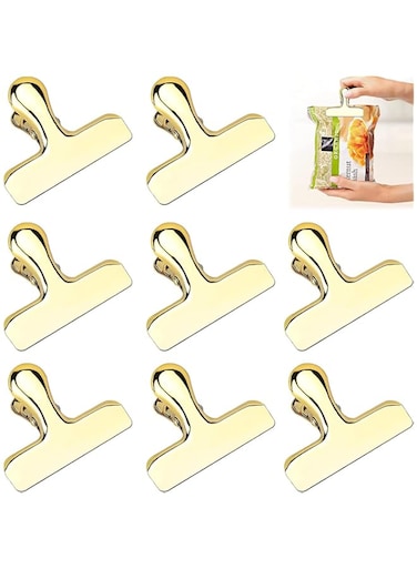 Bag Clips, 8Pcs Shiny Gold Bag Clips, Stainless Steel Heavy Duty Metal Bag Clip, Tightly Seals Chip, Coffee, Bread or Cereal Bags to Keep Food Fresh, For Home, Kitchen, Office, Pantry, Camping (Gold)