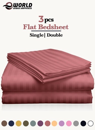 3 Piece Luxury Maroon Striped Bed Sheet Set with 1 Flat Sheet and 2 Pillowcases for Hotel and Home Crafted from Ultra Soft and Breathable Microfiber for Year-Round Comfort, (Single/Double)